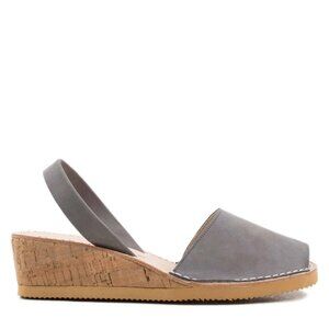 Calaxini Women's Grey Leather Gris Peep Toe Cork Wedge Slingback Sandal Size 5.5